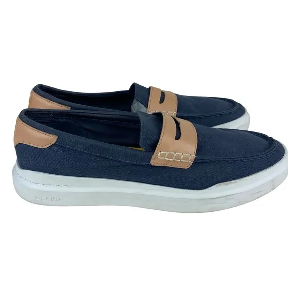 Men’s Cole Haan Grand Loafers Slip On Shoes Blue Tan Canvas Size 11 Penny