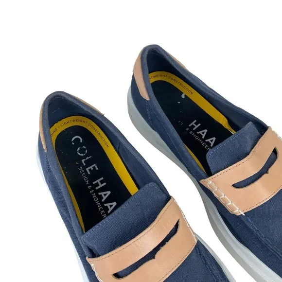 Men’s Cole Haan Grand Loafers Slip On Shoes Blue Tan Canvas Size 11 Penny