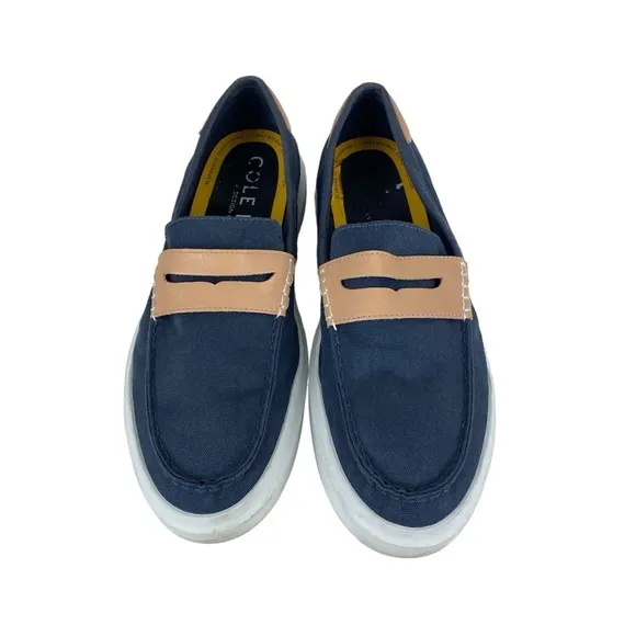 Men’s Cole Haan Grand Loafers Slip On Shoes Blue Tan Canvas Size 11 Penny