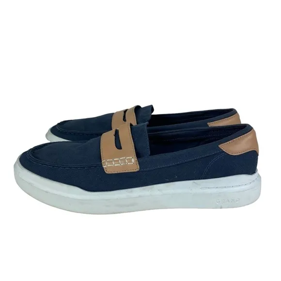 Men’s Cole Haan Grand Loafers Slip On Shoes Blue Tan Canvas Size 11 Penny