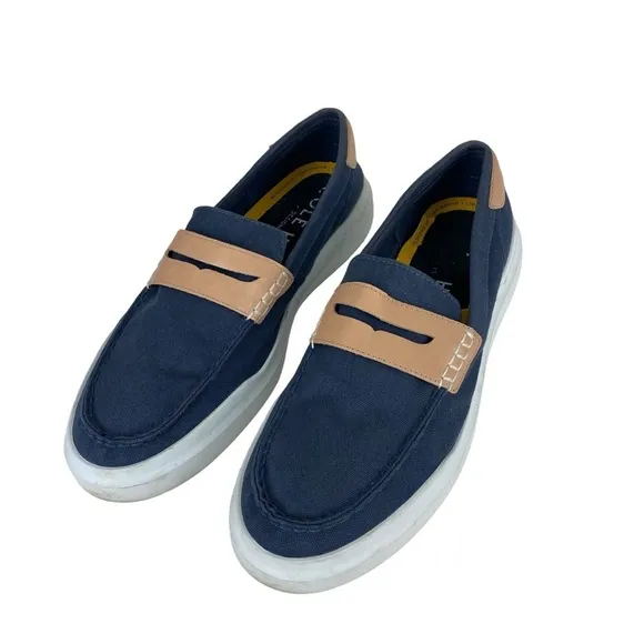 Men’s Cole Haan Grand Loafers Slip On Shoes Blue Tan Canvas Size 11 Penny