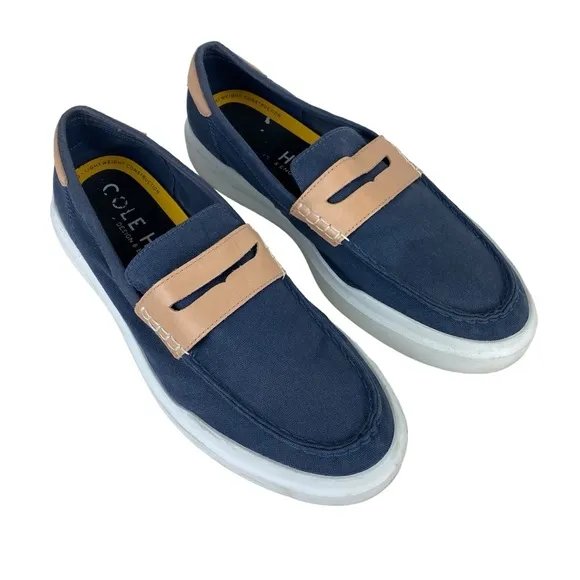 Men’s Cole Haan Grand Loafers Slip On Shoes Blue Tan Canvas Size 11 Penny