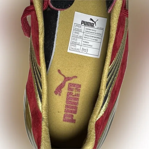 Mens Puma Complete Theseus Track And Field Shoes size 11 1/2. Red Suede and Gold