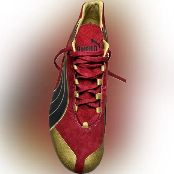 Mens Puma Complete Theseus Track And Field Shoes size 11 1/2. Red Suede and Gold