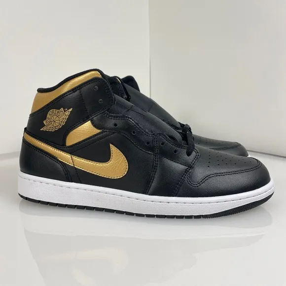 Men's Size 12 Nike Air Jordan 1 Mid Shoes Black Metallic Gold White DQ8426-071