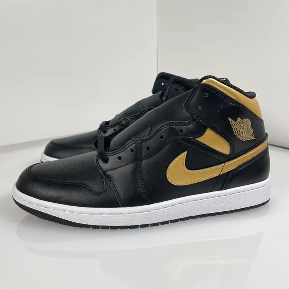 Men's Size 12 Nike Air Jordan 1 Mid Shoes Black Metallic Gold White DQ8426-071