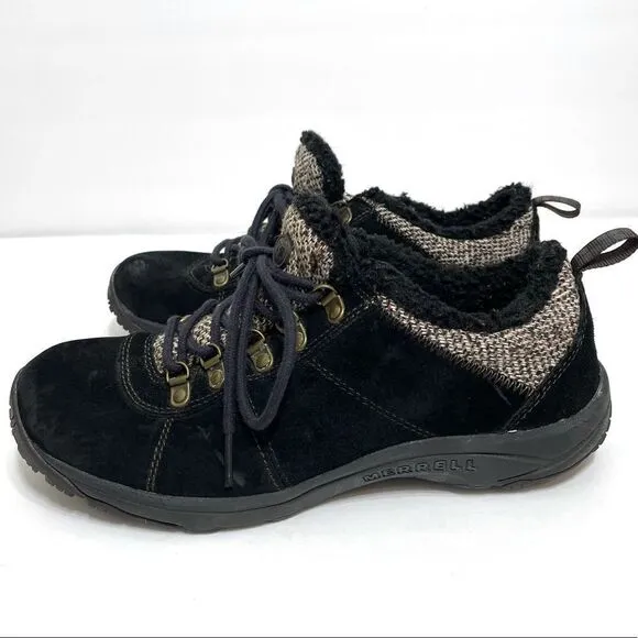 Merrell Black Suede Women’s Hiking Shoes With Faux Sherpa And Tweed Accents