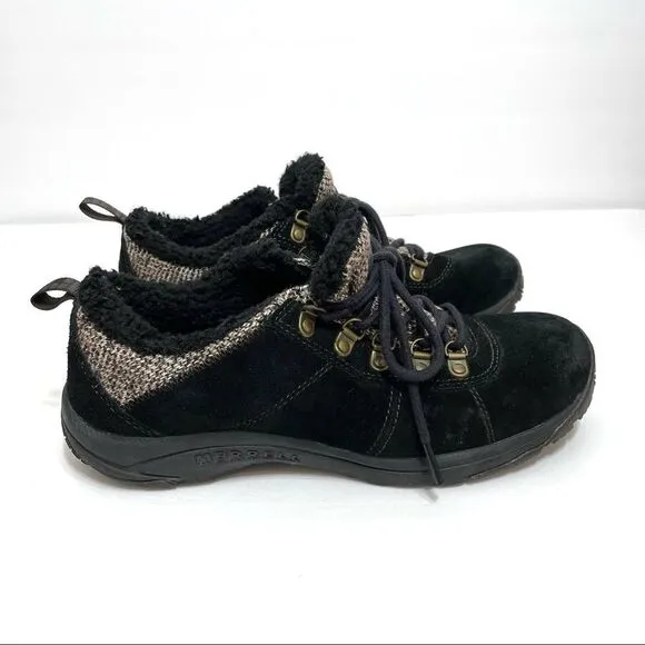 Merrell Black Suede Women’s Hiking Shoes With Faux Sherpa And Tweed Accents