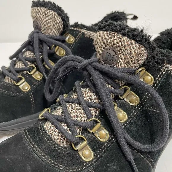 Merrell Black Suede Women’s Hiking Shoes With Faux Sherpa And Tweed Accents