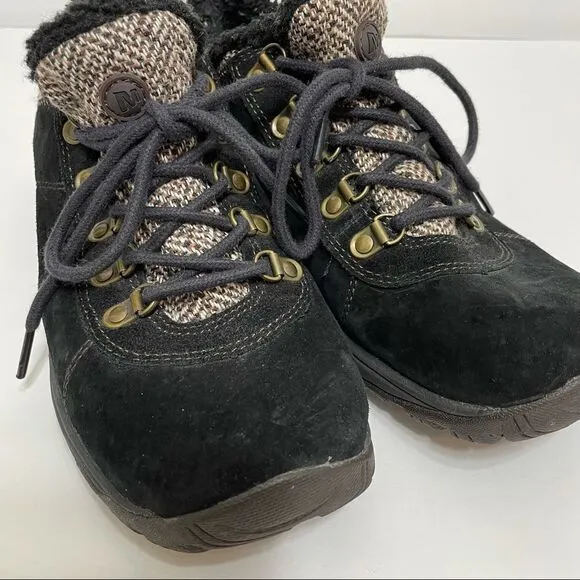 Merrell Black Suede Women’s Hiking Shoes With Faux Sherpa And Tweed Accents