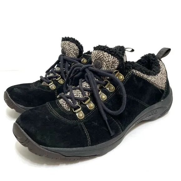 Merrell Black Suede Women’s Hiking Shoes With Faux Sherpa And Tweed Accents