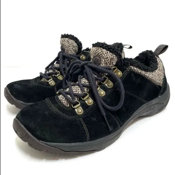 Merrell Black Suede Women’s Hiking Shoes With Faux Sherpa And Tweed Accents