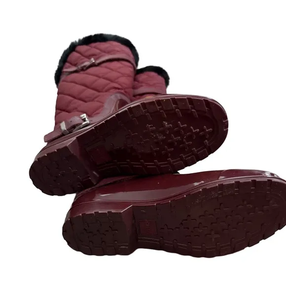MICHAEL KORS Fulton Quilted Burgundy Fur Lined Rain Boots EUC Sz 7 $350 Foldover