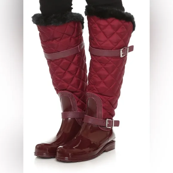 MICHAEL KORS Fulton Quilted Burgundy Fur Lined Rain Boots EUC Sz 7 $350 Foldover