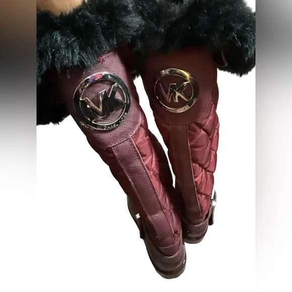 MICHAEL KORS Fulton Quilted Burgundy Fur Lined Rain Boots EUC Sz 7 $350 Foldover