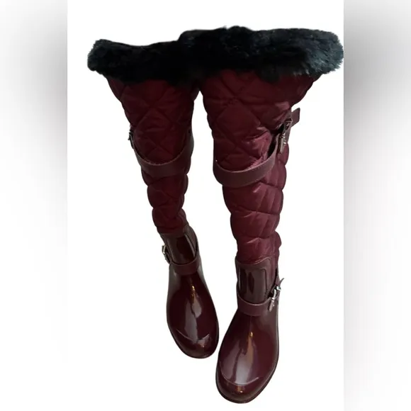 MICHAEL KORS Fulton Quilted Burgundy Fur Lined Rain Boots EUC Sz 7 $350 Foldover