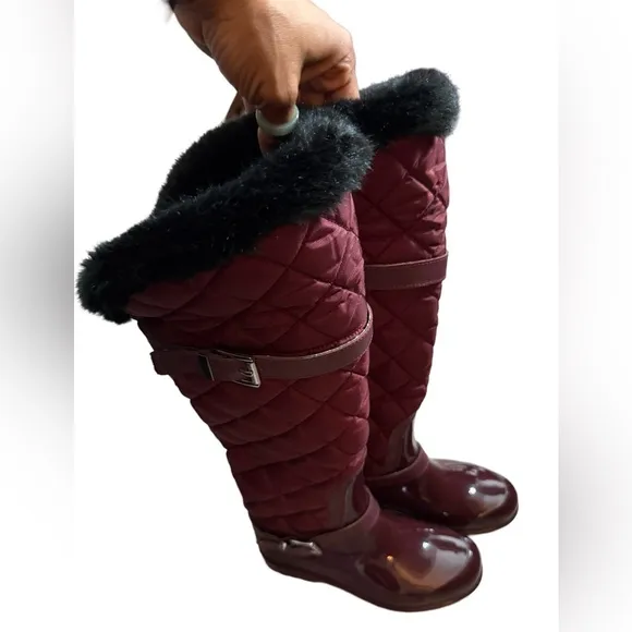 MICHAEL KORS Fulton Quilted Burgundy Fur Lined Rain Boots EUC Sz 7 $350 Foldover