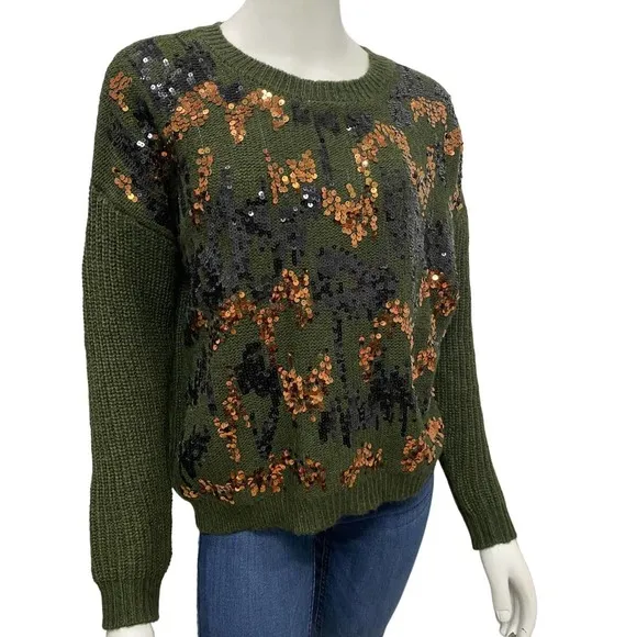 MNG Gorgeous Sequined Camo Design Olive Green Alpaca Sweater Size XS