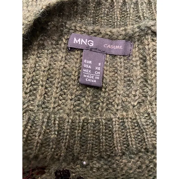 MNG Gorgeous Sequined Camo Design Olive Green Alpaca Sweater Size XS