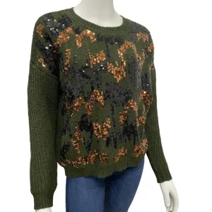 MNG Gorgeous Sequined Camo Design Olive Green Alpaca Sweater Size XS