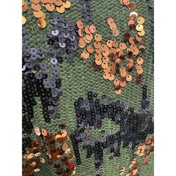 MNG Gorgeous Sequined Camo Design Olive Green Alpaca Sweater Size XS