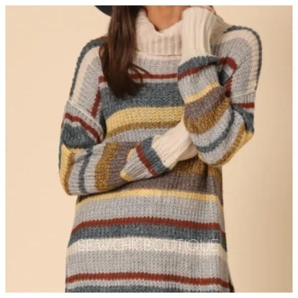 Multi-color Striped Turtleneck Sweater Dress