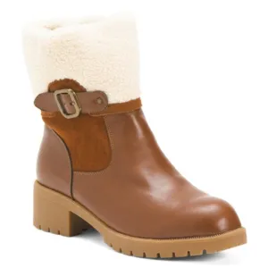 NEW AQUA DIVA Leather Waterproof Boots With Faux Fur Collar Cognac women 663tn