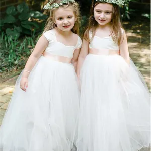 New Arrive Sweetheart Cap-sleeves Long Tulle Flower Girl Dresses, FG0137