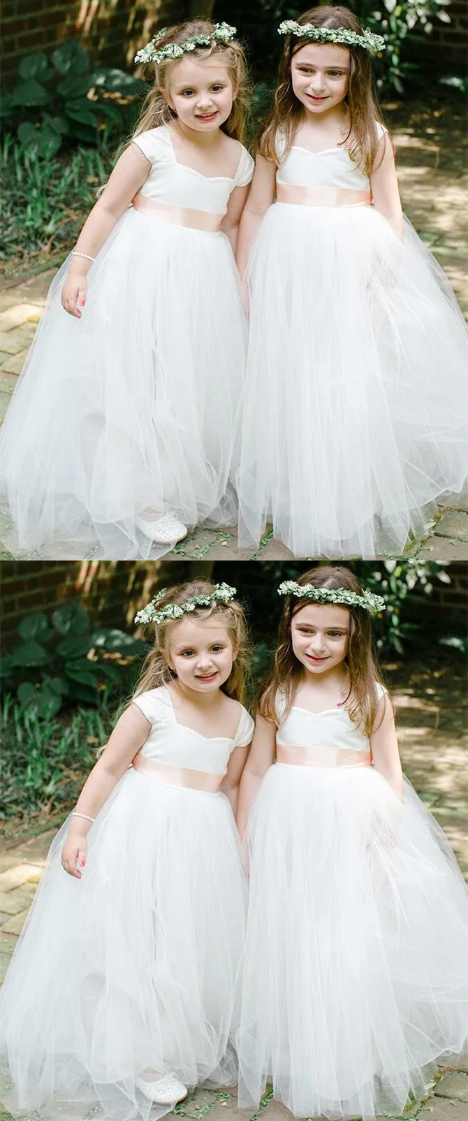 New Arrive Sweetheart Cap-sleeves Long Tulle Flower Girl Dresses, FG0137