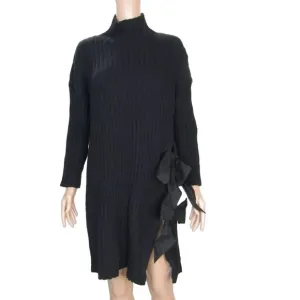 NEW BITTE KAI RAND Womens Ribbed Sweater Knit Dress Bow Detail Size M Black