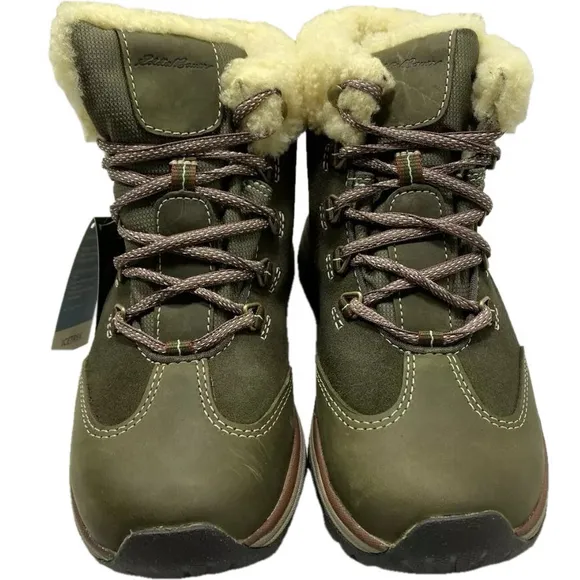 NEW EDDIE BAUER  Rainier Mid Boots Size 8M Waterproof Ankle Warm Green Leather