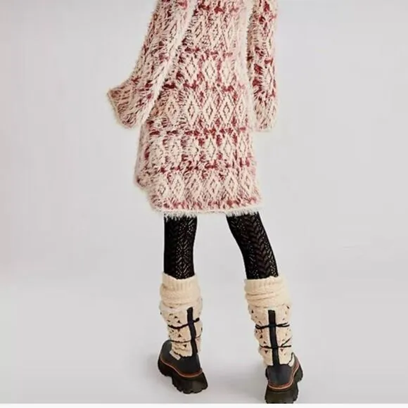 NEW Free People Fuzzy Feelings Dress Knit Mohair Style Cream Mulberry Red Size M