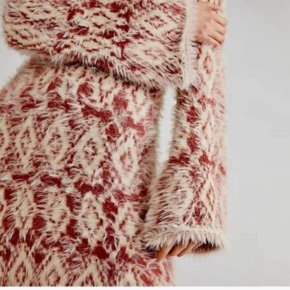 NEW Free People Fuzzy Feelings Dress Knit Mohair Style Cream Mulberry Red Size M