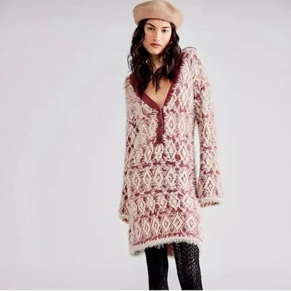 NEW Free People Fuzzy Feelings Dress Knit Mohair Style Cream Mulberry Red Size M
