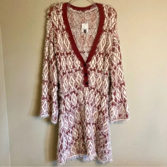 NEW Free People Fuzzy Feelings Dress Knit Mohair Style Cream Mulberry Red Size M