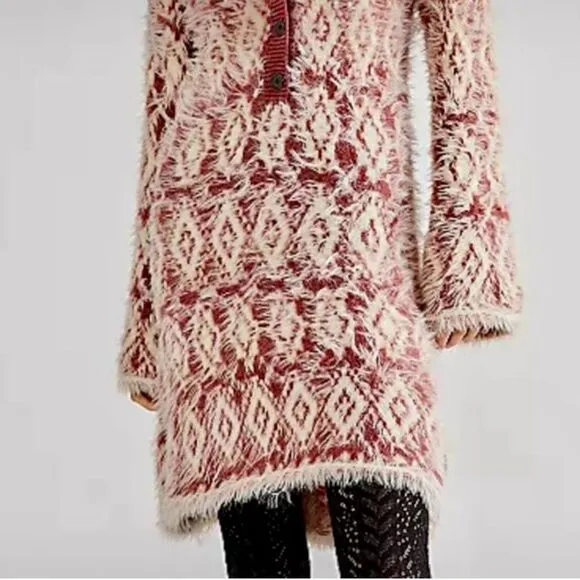 NEW Free People Fuzzy Feelings Dress Knit Mohair Style Cream Mulberry Red Size M