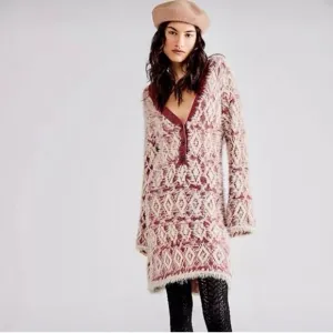 NEW Free People Fuzzy Feelings Dress Knit Mohair Style Cream Mulberry Red Size M