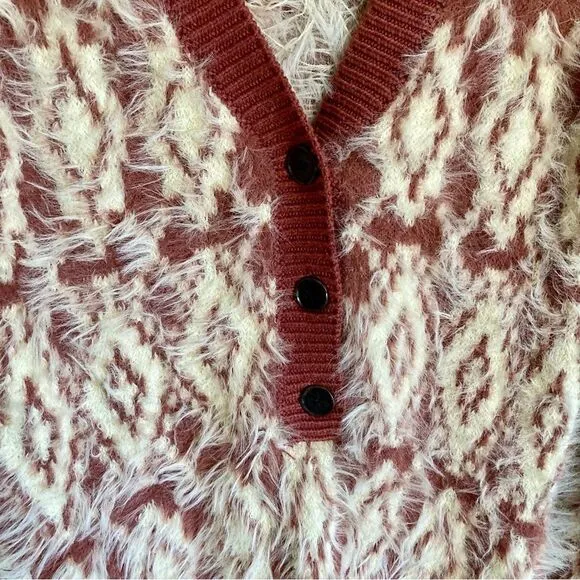 NEW Free People Fuzzy Feelings Dress Knit Mohair Style Cream Mulberry Red Size M