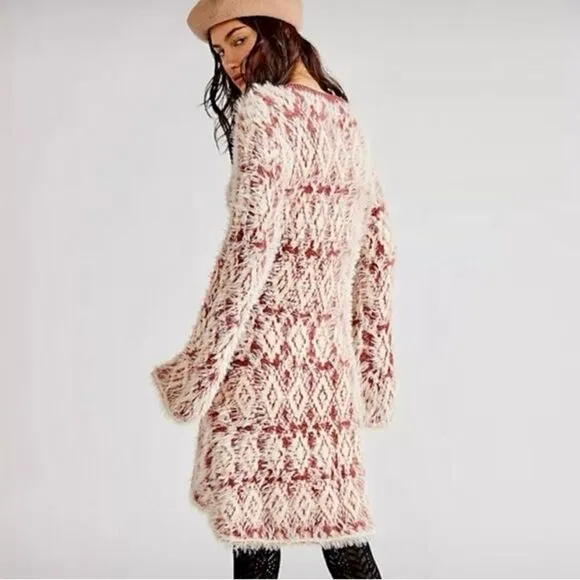 NEW Free People Fuzzy Feelings Dress Knit Mohair Style Cream Mulberry Red Size M