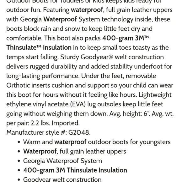 NEW Georgia Boots Kids 3.5