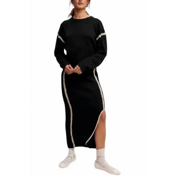NEW LISTICLE contrast stitch knit sweater and long skirt set in black