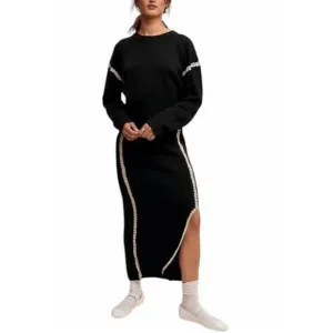 NEW LISTICLE contrast stitch knit sweater and long skirt set in black