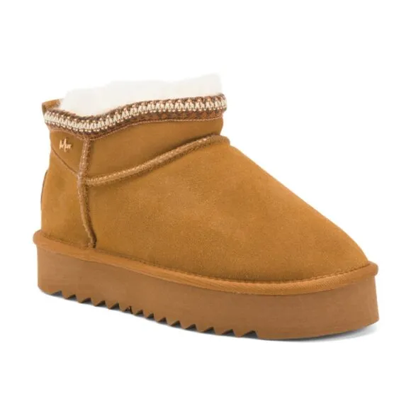 NEW MEXX Suede Shearling Booties Sheepskin Sneaker Bottom cognac for women 563tn