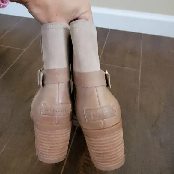 NEW Sorel Cate Buckle Boots Womens 7 Beige Leather Neutral Outdoors Rustic
