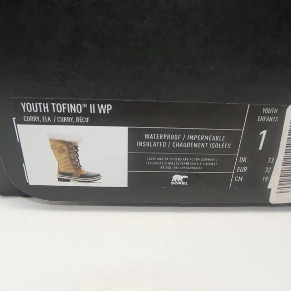 NEW Sorel Tofino II Youth 1 Winter Snow Boots WP Insulated Curry Brown Big Kids