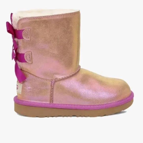 NEW Ugg T Bailey Bow II Shimmer Suede Shearling Boots Metallic 10
