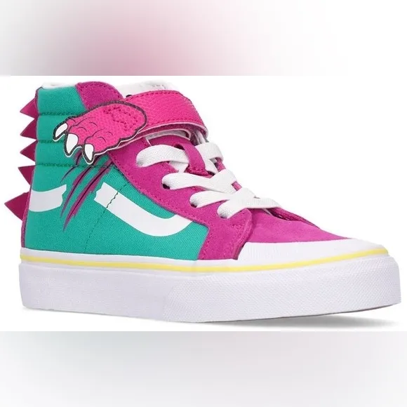 New Vans Dino SK-8 Hi Sneakers Boys 10 Girls Velcro Elastic Laces Suede Canvas