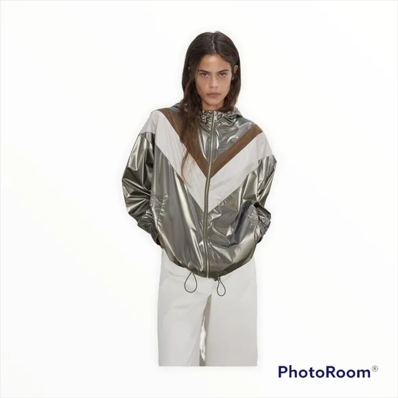 NEW ZARA Blogger Favorite Silver &amp; Gold Metallic Color Block Jacket Size Small