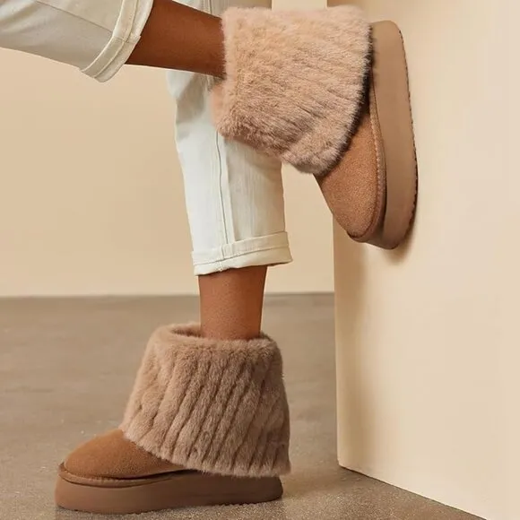 Niche Cream Fluffy Faux Fur Lined Short Snow Boots For Women, Warm Winter