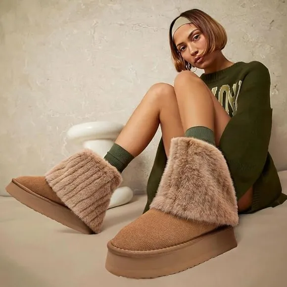 Niche Cream Fluffy Faux Fur Lined Short Snow Boots For Women, Warm Winter